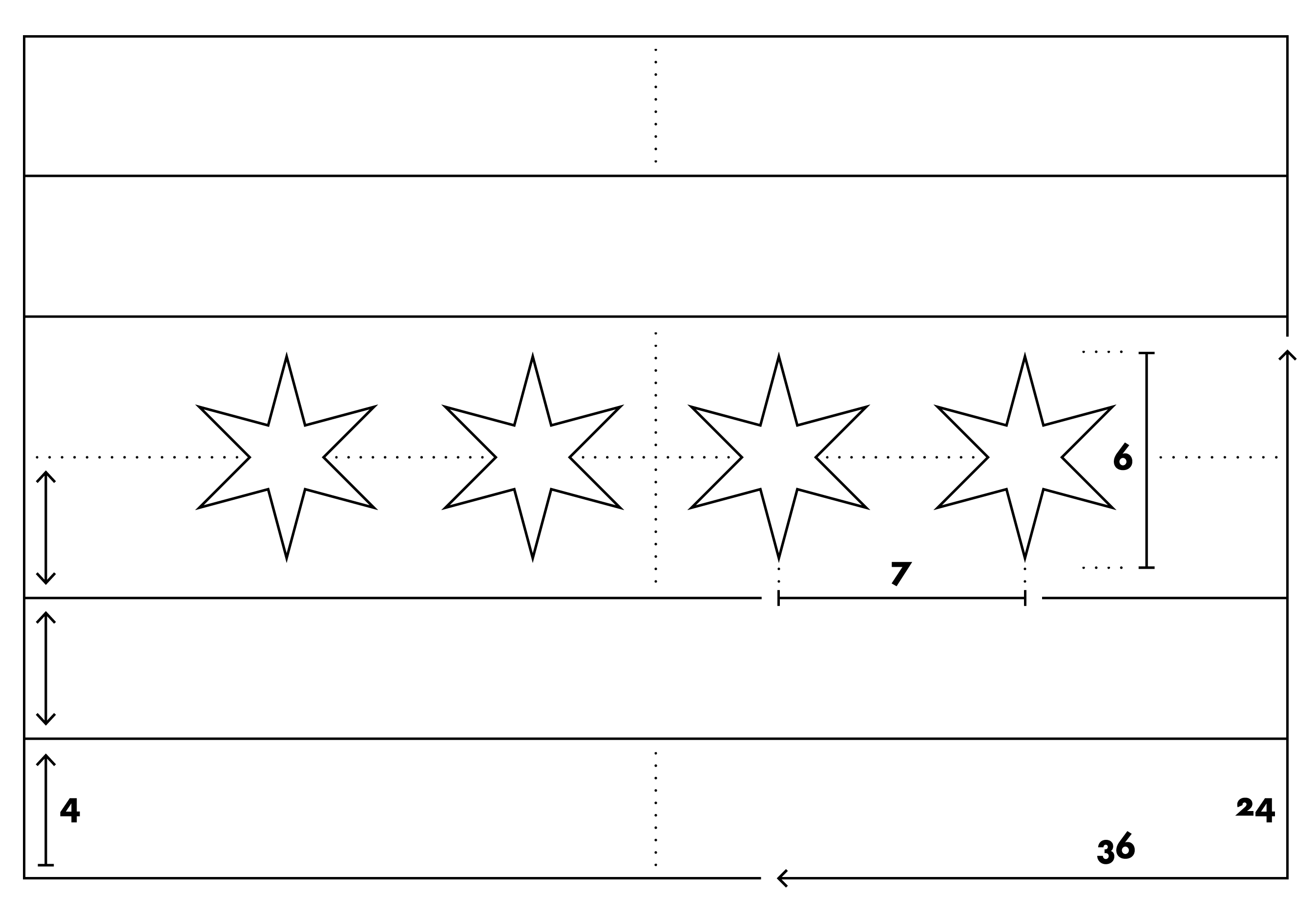 An outline of the dimensions of the Chicago Flag, its proportions, and placement of its stars and bars.